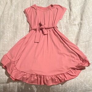 Girls' Coral Pink Ruffle Hem Belted Dress